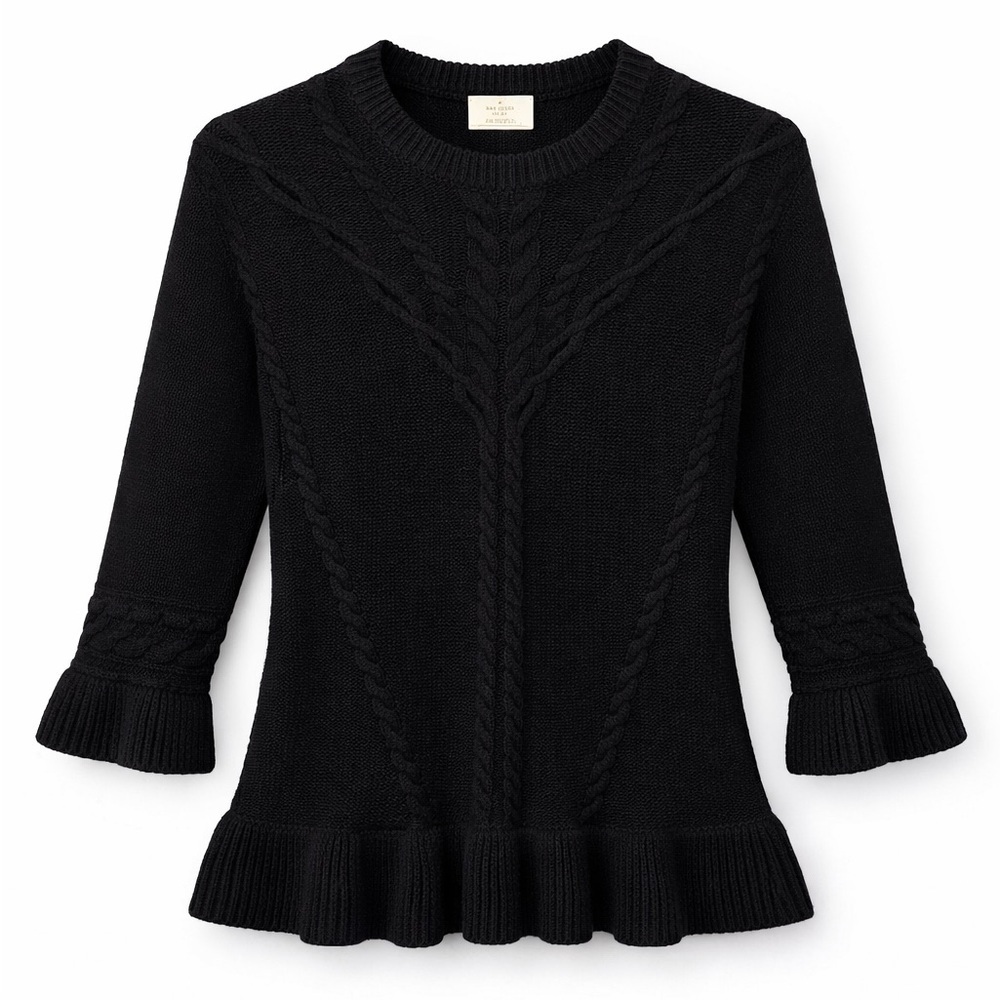Kate Spade Cable Knit Peplum Sweater XS Black 3/4 Sleeve Wool Cashmere Blend